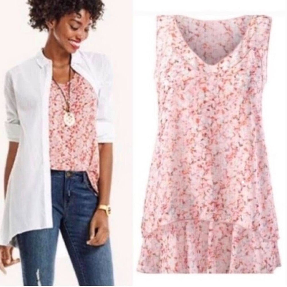 CAbi Pink Floral Sleeveless V-Neck Ruffle Hem Top